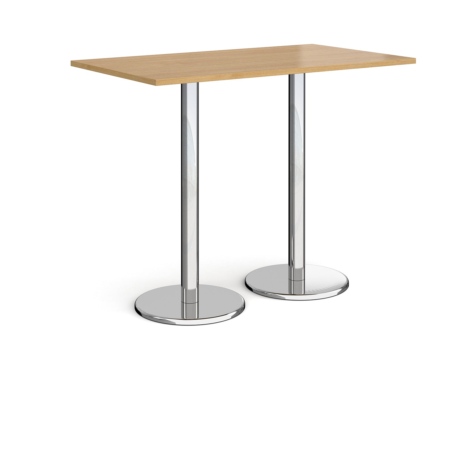 Rectangular poseur table with wood-effect top and metal legs on a white background