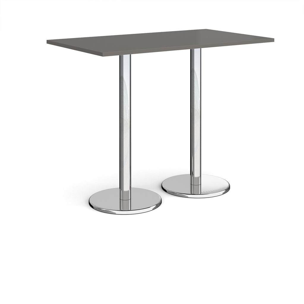 Rectangular poseur table with grey top and metal legs on a white background