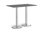 Rectangular poseur table with grey top and metal legs on a white background