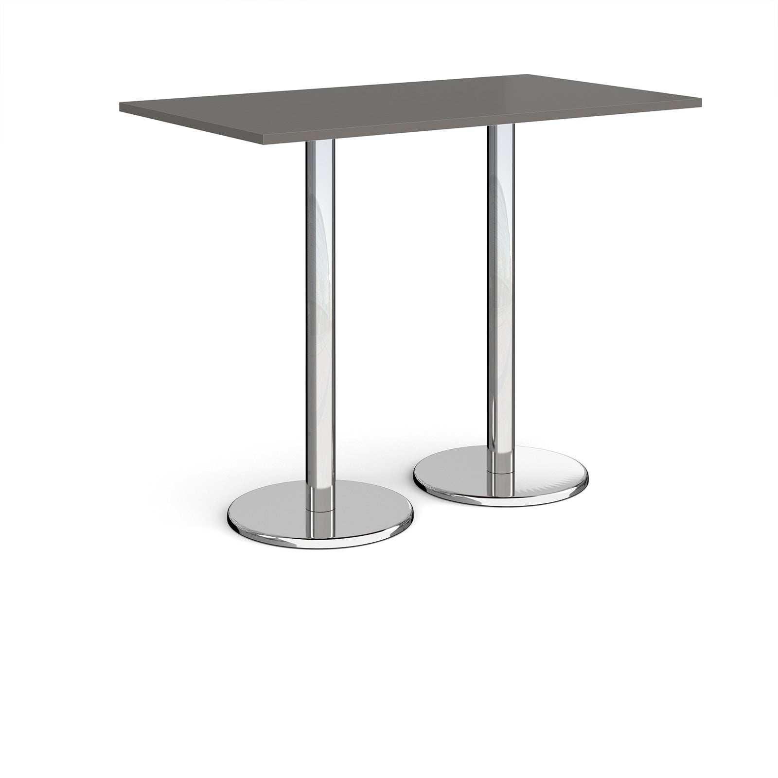 Rectangular poseur table with grey top and metal legs on a white background