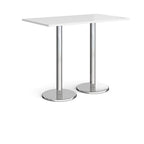 Rectangular poseur table with white top and metal legs on a white background