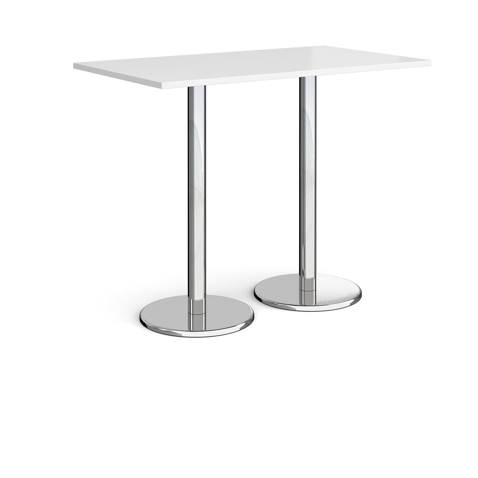 Rectangular poseur table with white top and metal legs on a white background