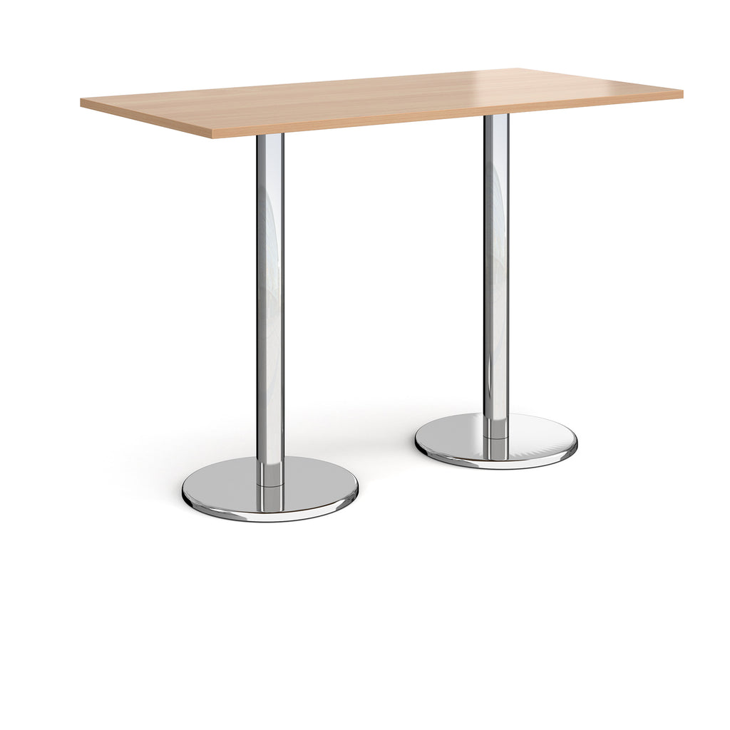 Rectangular poseur table with wood-effect top and metal legs on a white background