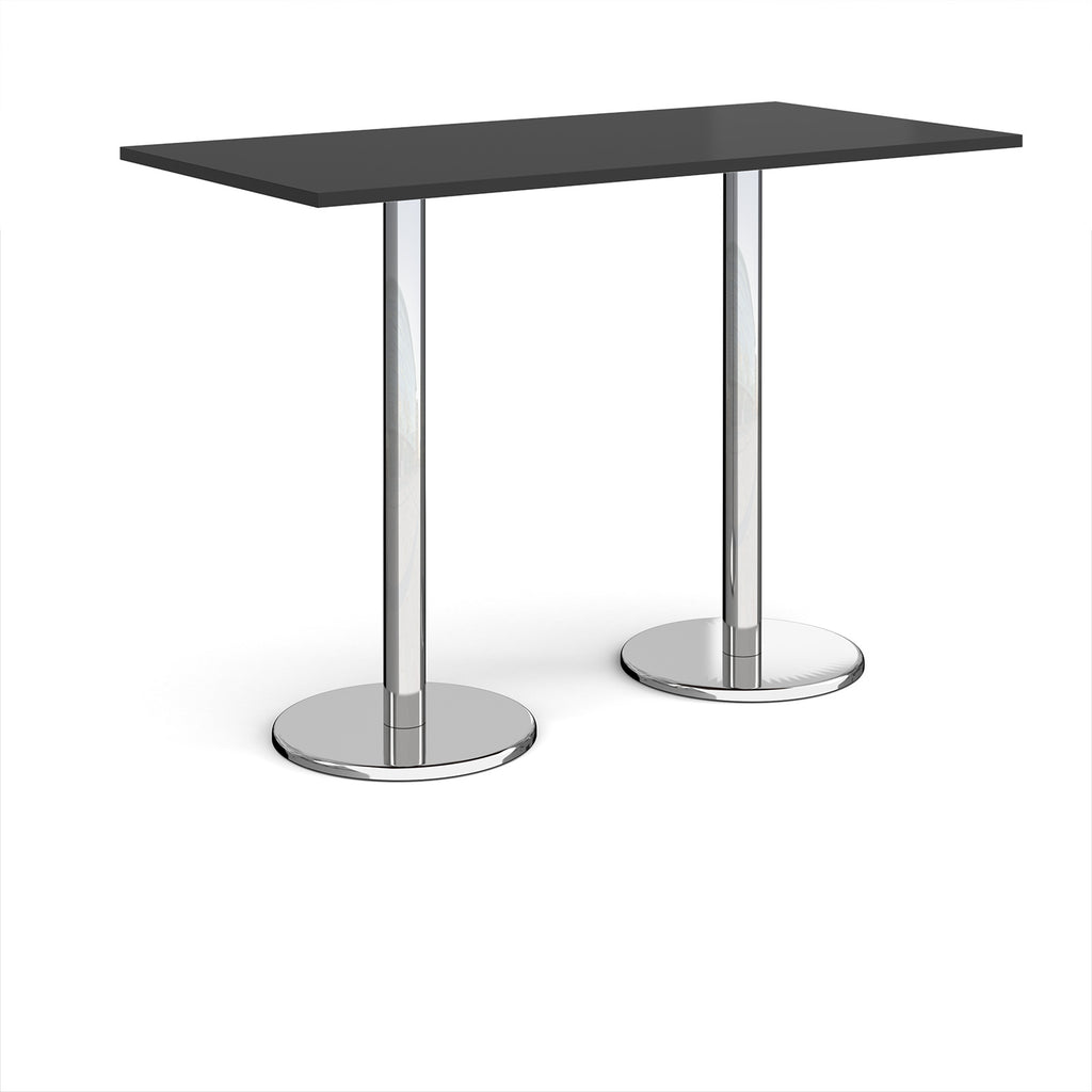 Rectangular poseur table with black top and metal legs on a white background