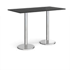 Rectangular poseur table with black top and metal legs on a white background