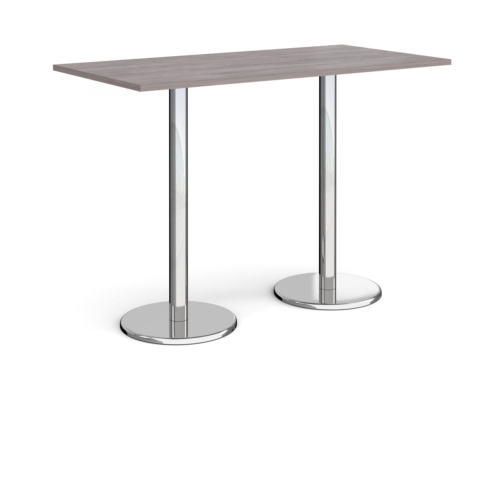 Rectangular poseur table with grey wood-effect top and metal legs on a white background