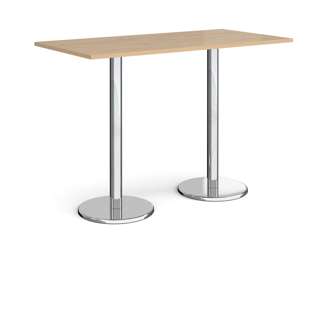 Rectangular poseur table with wood-effect top and metal legs on a white background