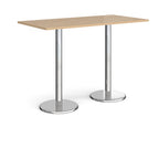 Rectangular poseur table with wood-effect top and metal legs on a white background