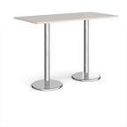 Rectangular poseur table with light grey top and metal legs on a white background