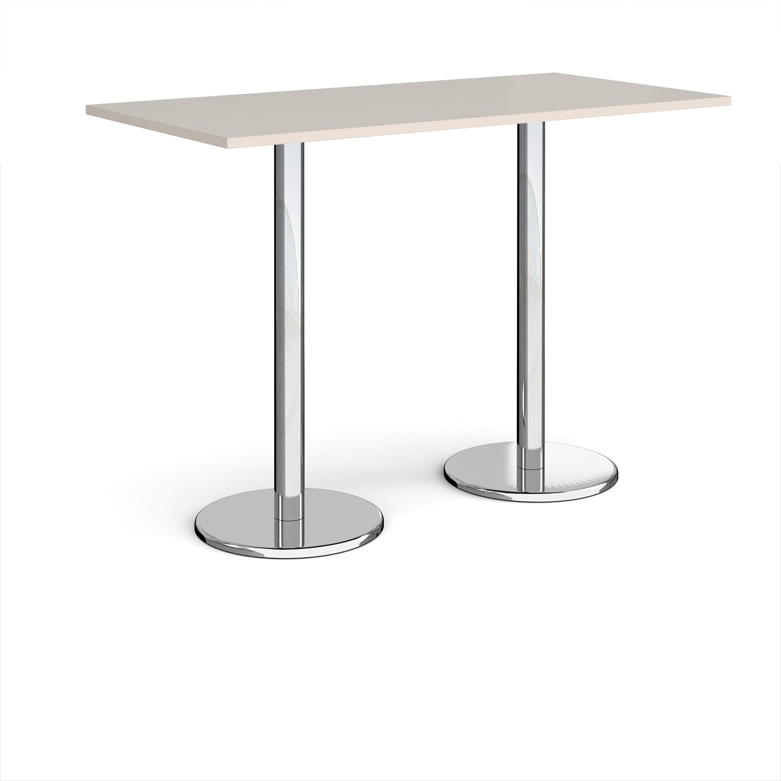 Rectangular poseur table with light grey top and metal legs on a white background