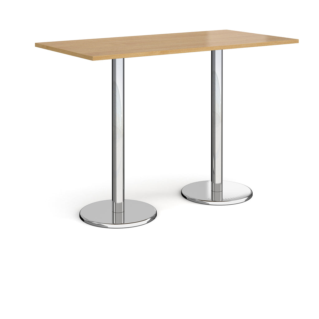 Rectangular poseur table with wood-effect top and metal legs on a white background