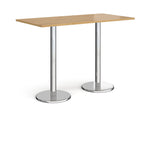 Rectangular poseur table with wood-effect top and metal legs on a white background