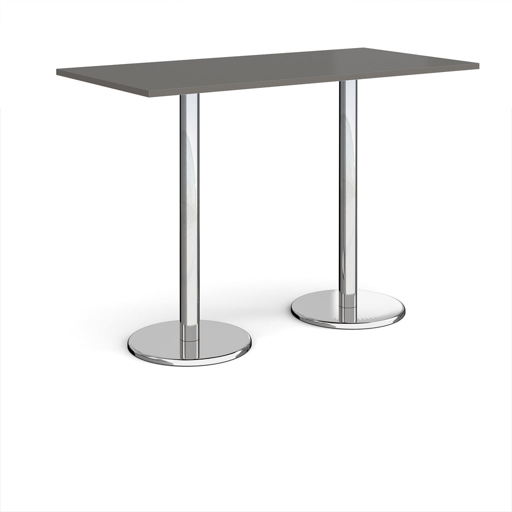 Rectangular poseur table with grey top and metal legs on a white background