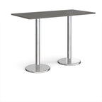Rectangular poseur table with grey top and metal legs on a white background