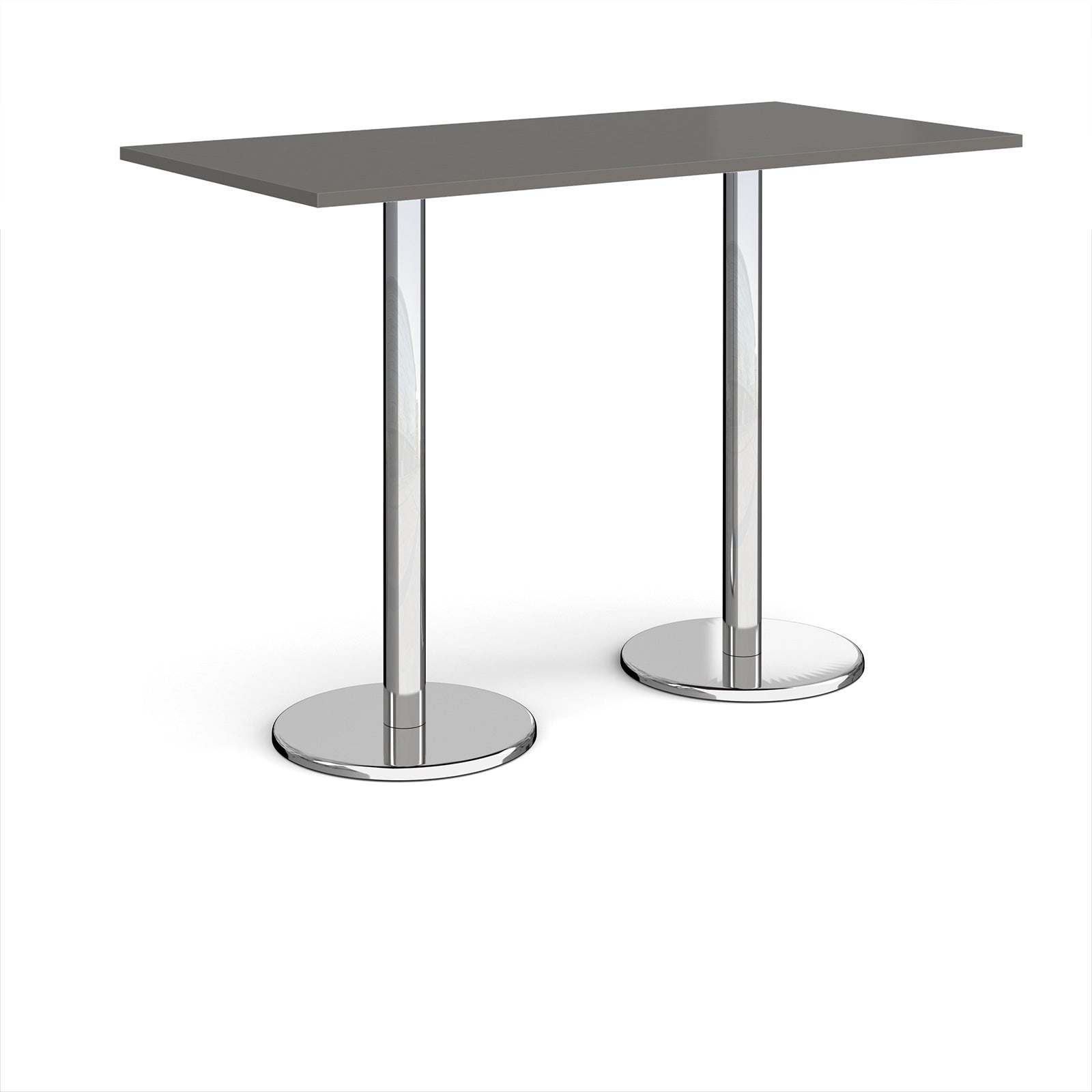 Rectangular poseur table with grey top and metal legs on a white background