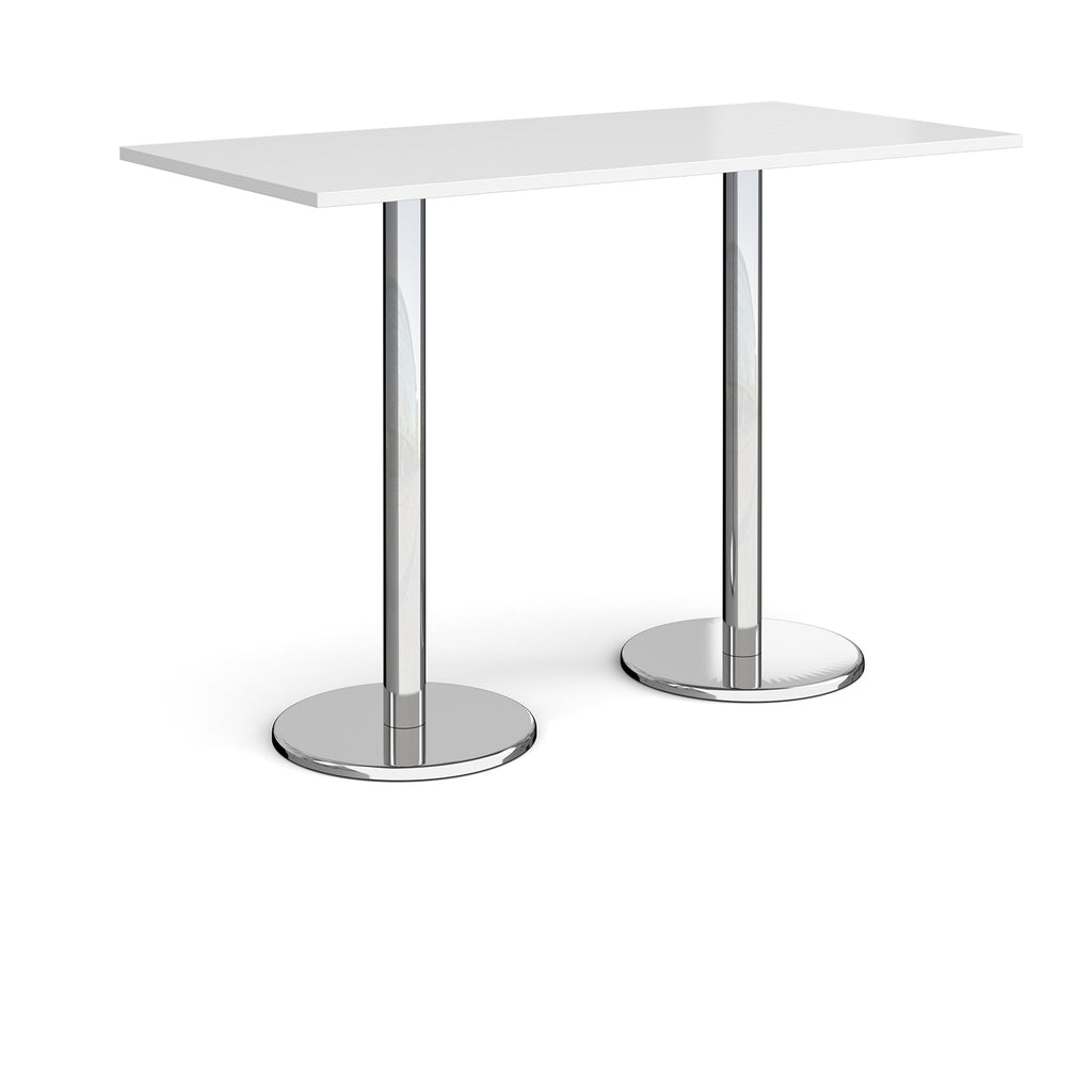 Rectangular poseur table with white top and metal legs on a white background