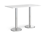 Rectangular poseur table with white top and metal legs on a white background