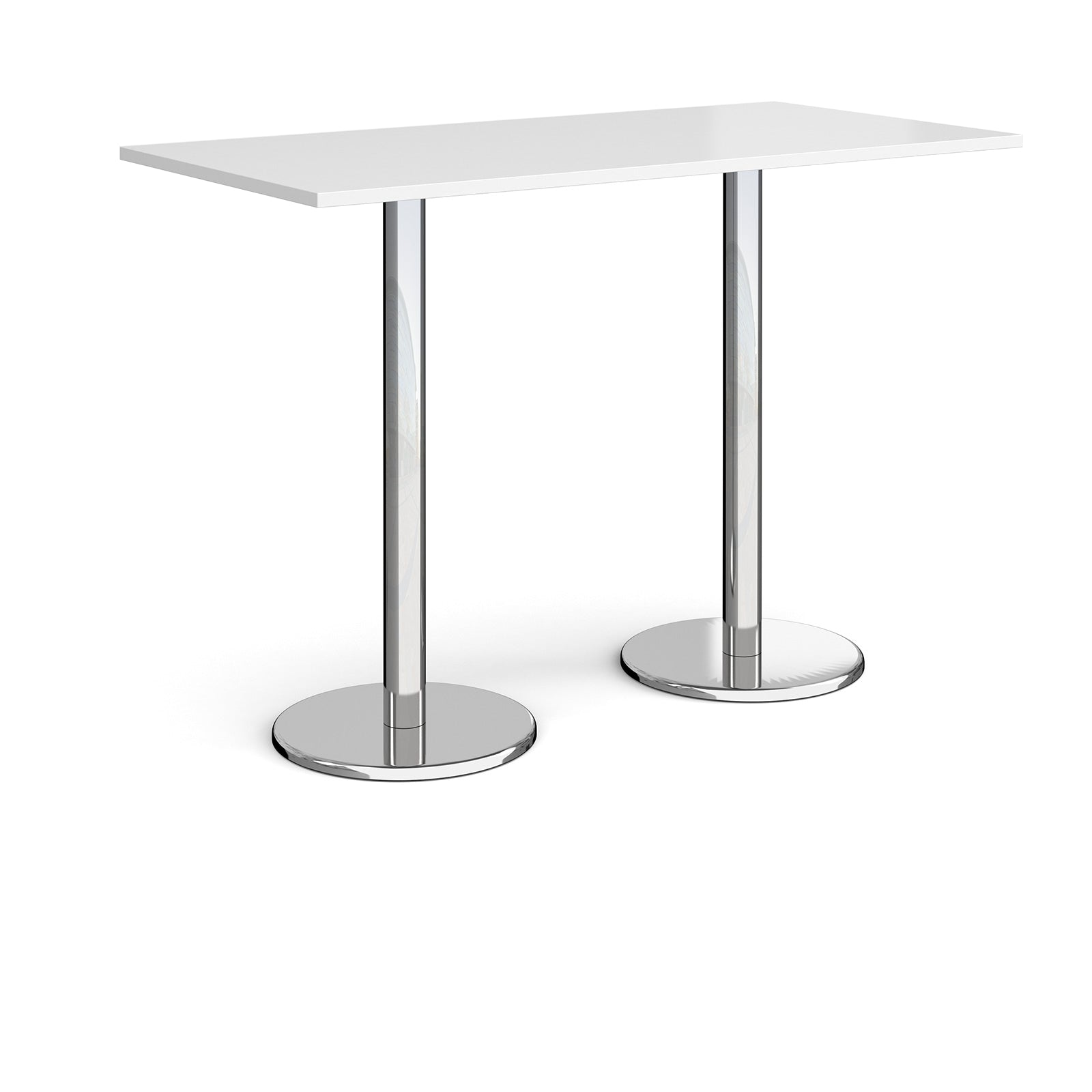 Rectangular poseur table with white top and metal legs on a white background
