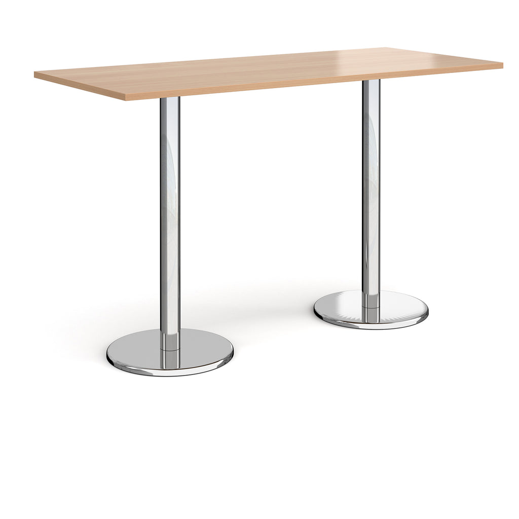 Rectangular poseur table with wood-effect top and metal legs on a white background