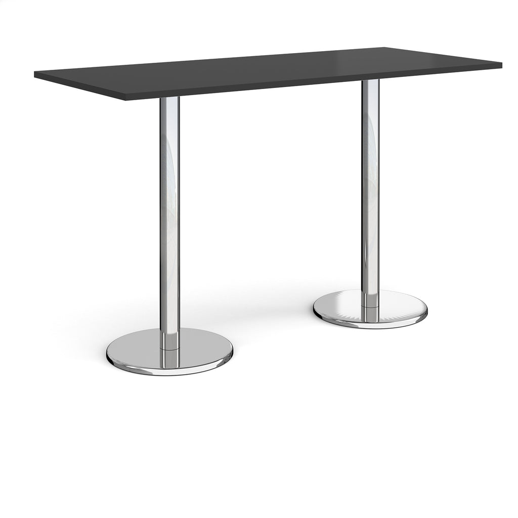 Rectangular poseur table with black top and metal legs on a white background