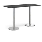 Rectangular poseur table with black top and metal legs on a white background