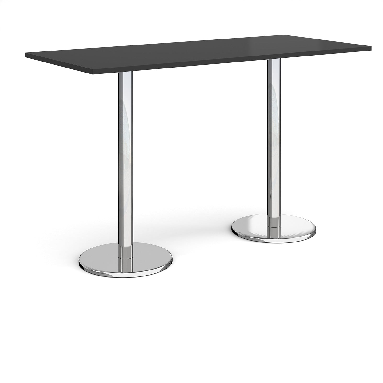 Rectangular poseur table with black top and metal legs on a white background