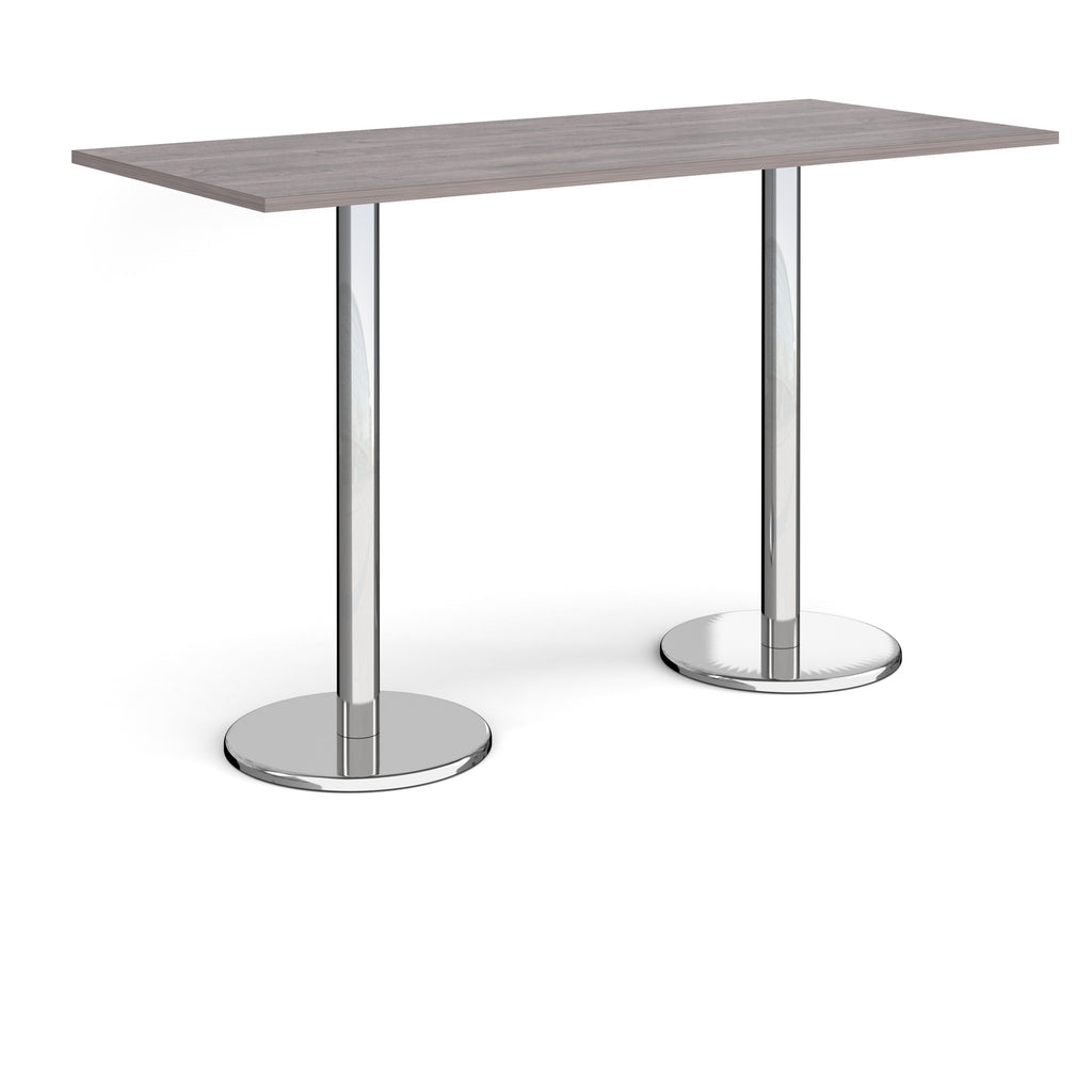 Rectangular poseur table with grey wood-effect top and metal legs on a white background