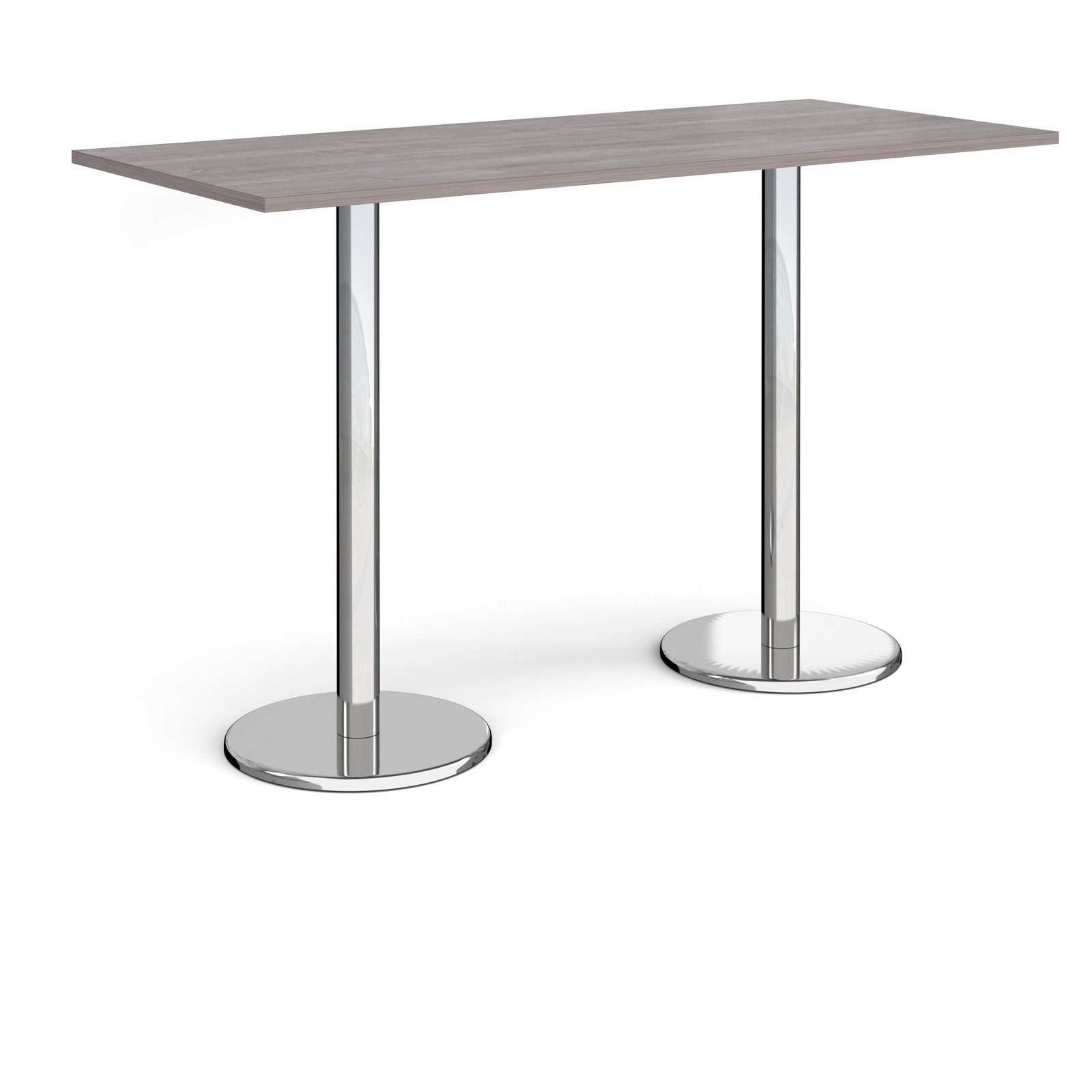 Rectangular poseur table with grey wood-effect top and metal legs on a white background