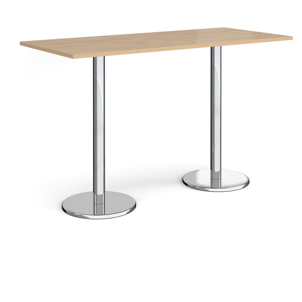Rectangular poseur table with wood-effect top and metal legs on a white background