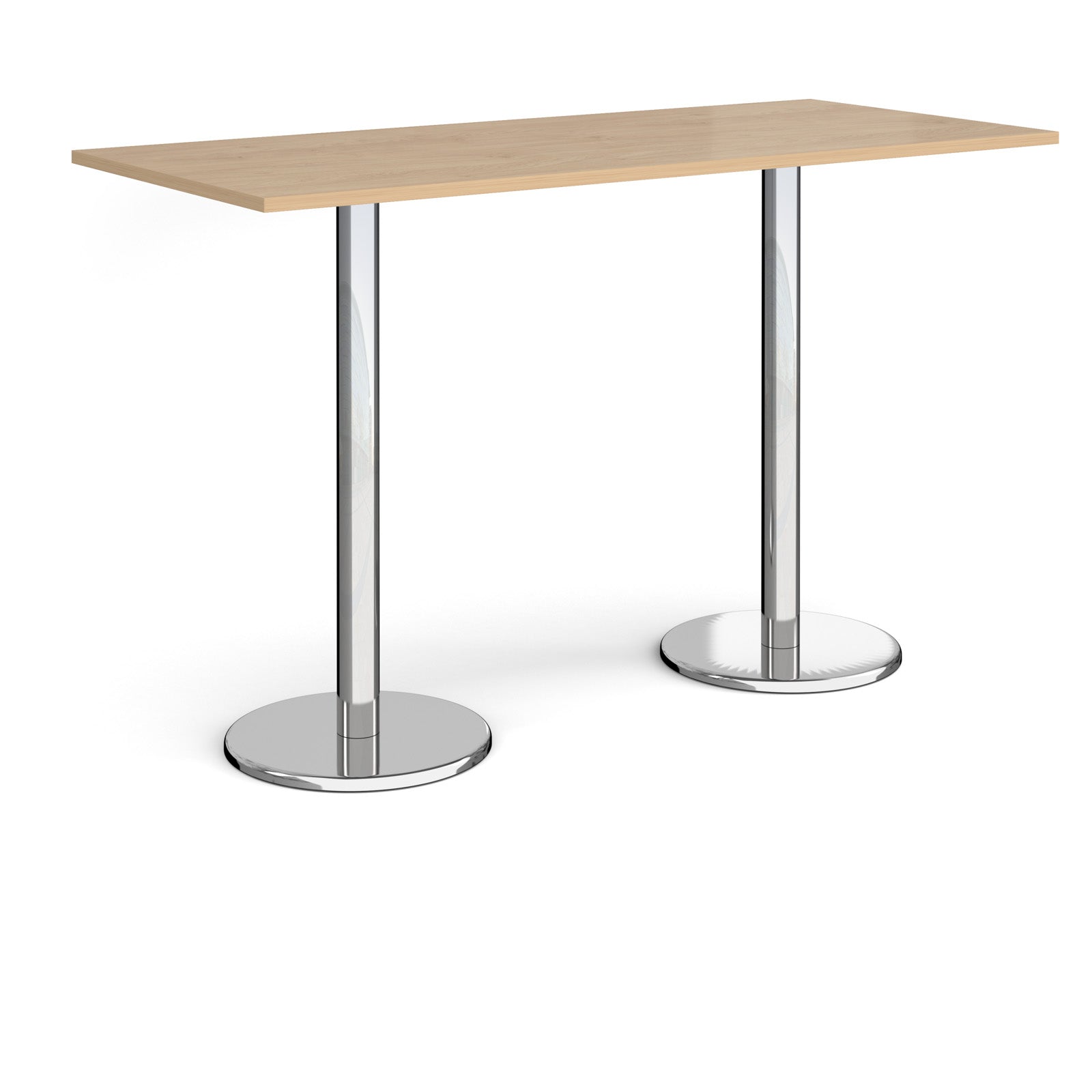 Rectangular poseur table with wood-effect top and metal legs on a white background