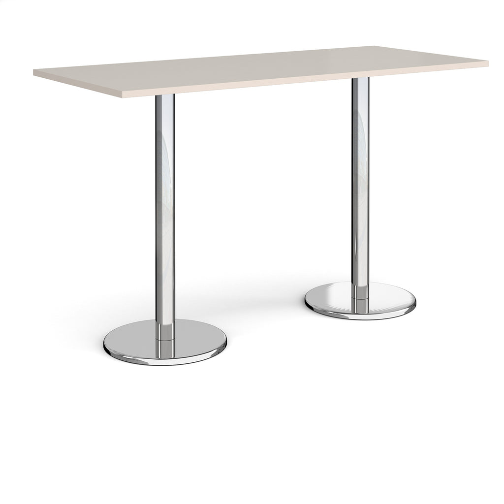 Rectangular poseur table with light grey top and metal legs on a white background