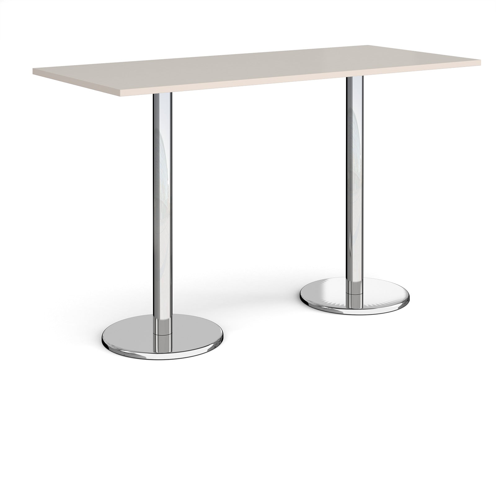 Rectangular poseur table with light grey top and metal legs on a white background