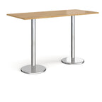 Rectangular poseur table with wood-effect top and metal legs on a white background