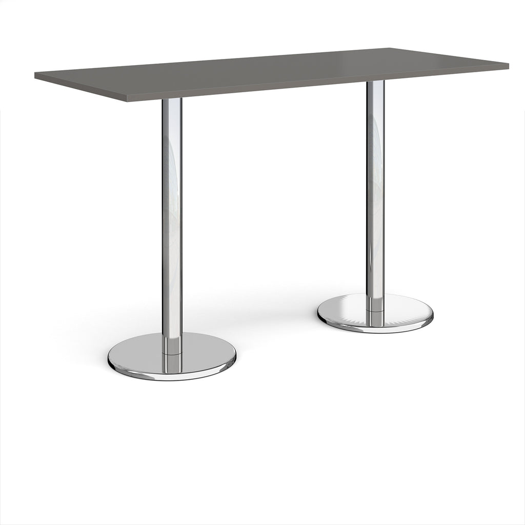 Rectangular poseur table with grey top and metal legs on a white background