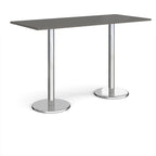 Rectangular poseur table with grey top and metal legs on a white background