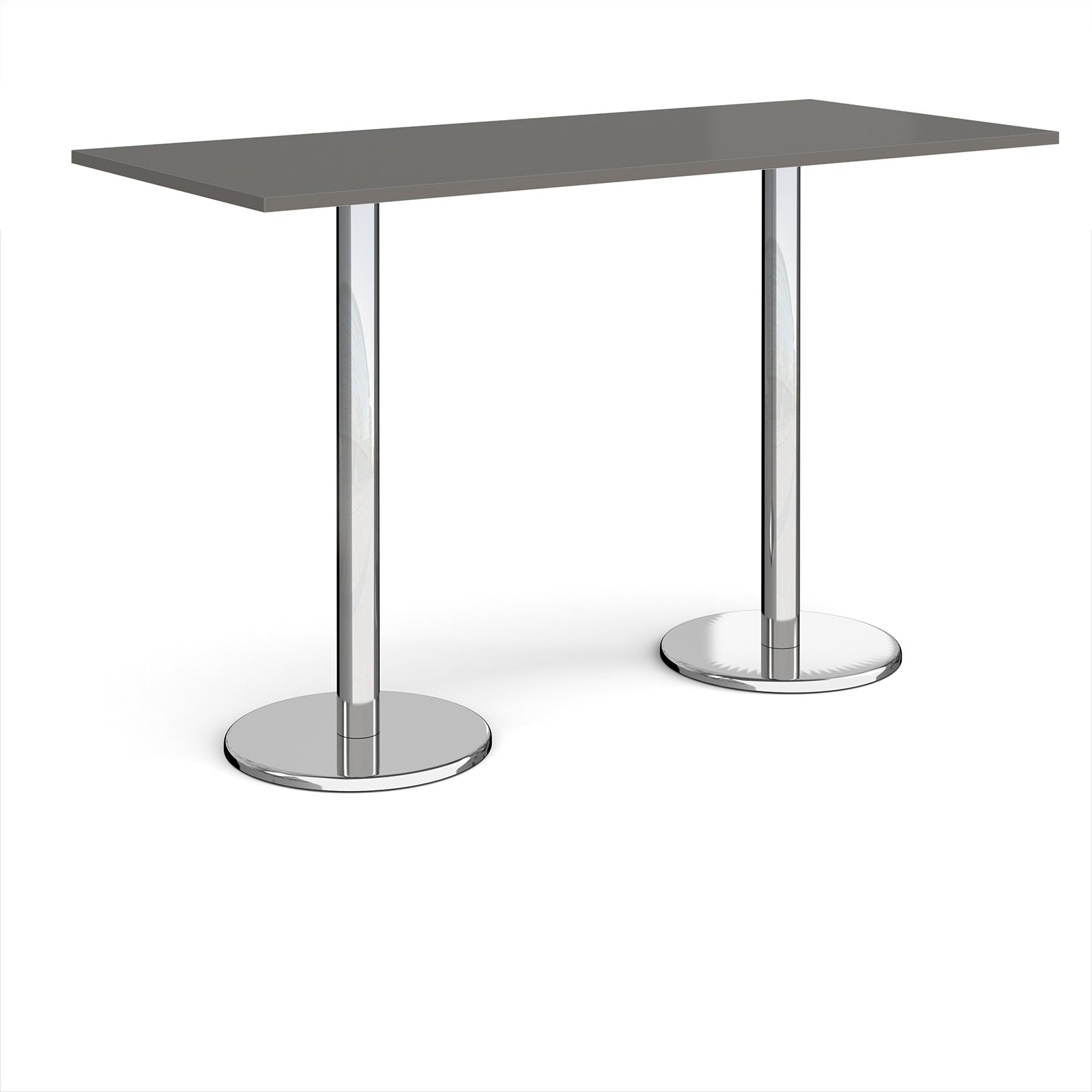 Rectangular poseur table with grey top and metal legs on a white background