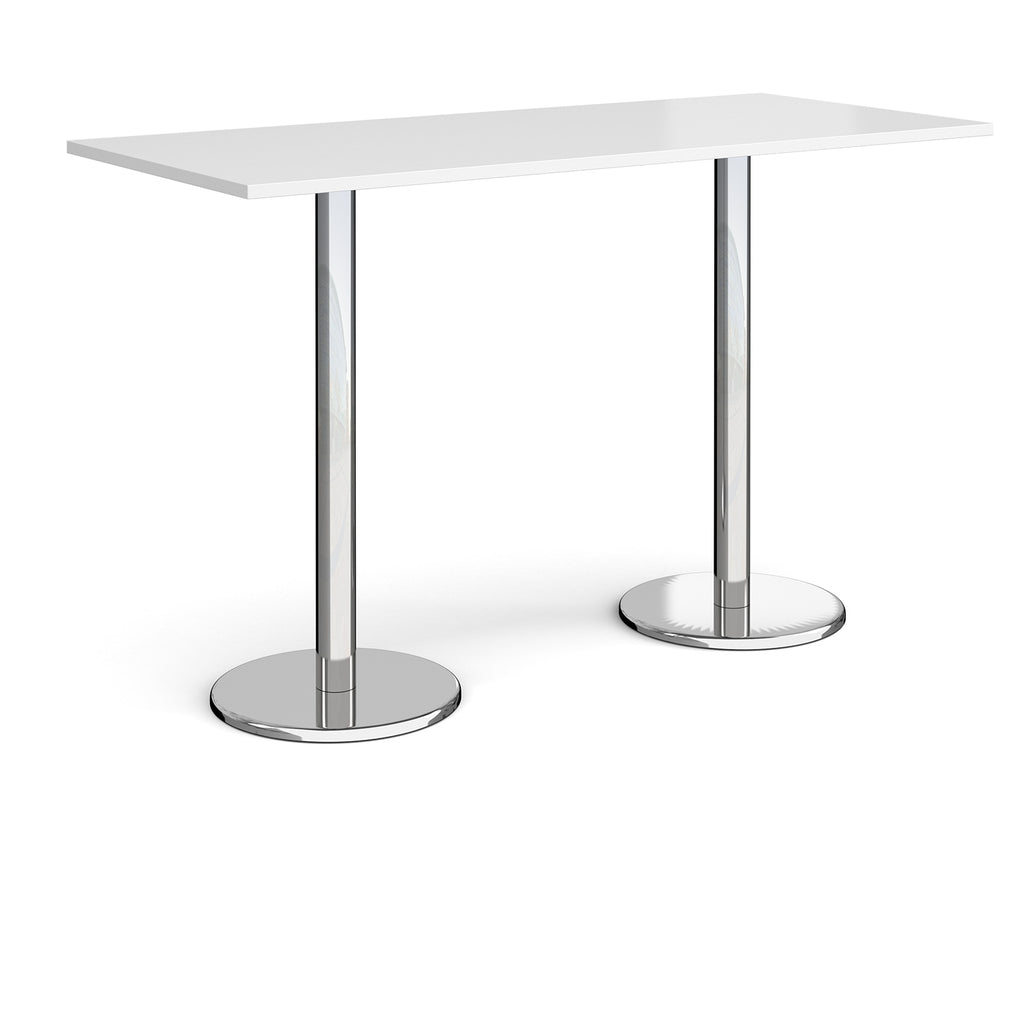 Rectangular poseur table with white top and metal legs on a white background