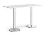 Rectangular poseur table with white top and metal legs on a white background
