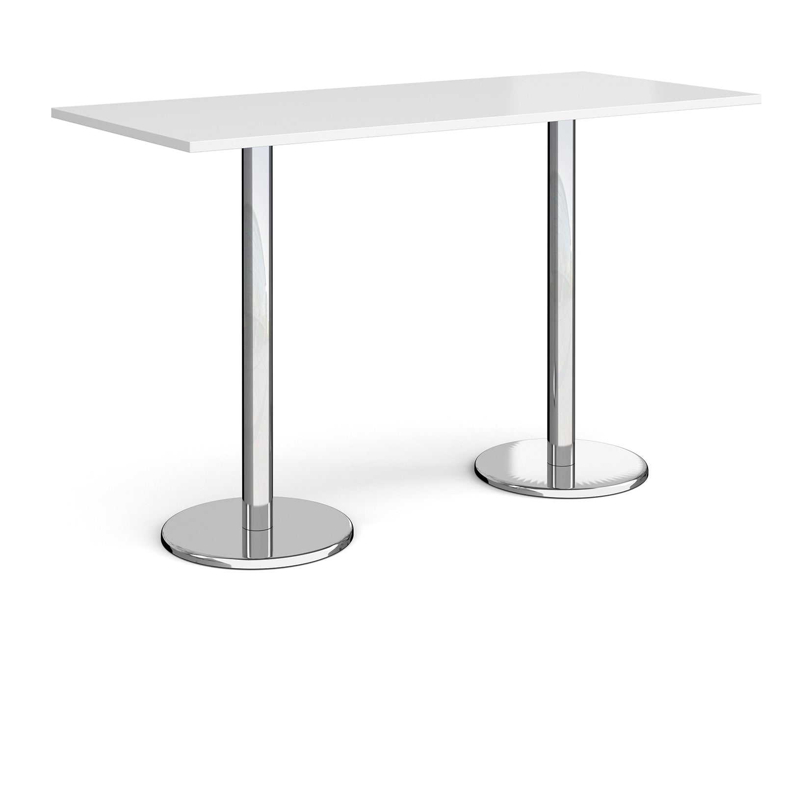 Rectangular poseur table with white top and metal legs on a white background