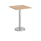 Square poseur table with wood-effect top and chrome base on a white background