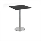 Square poseur table with black top and chrome base on a white background