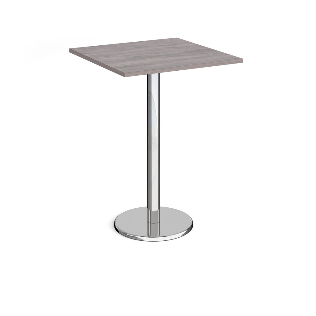Square poseur table with grey wood-effect top and chrome base on a white background