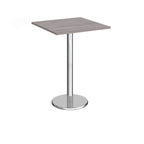 Square poseur table with grey wood-effect top and chrome base on a white background