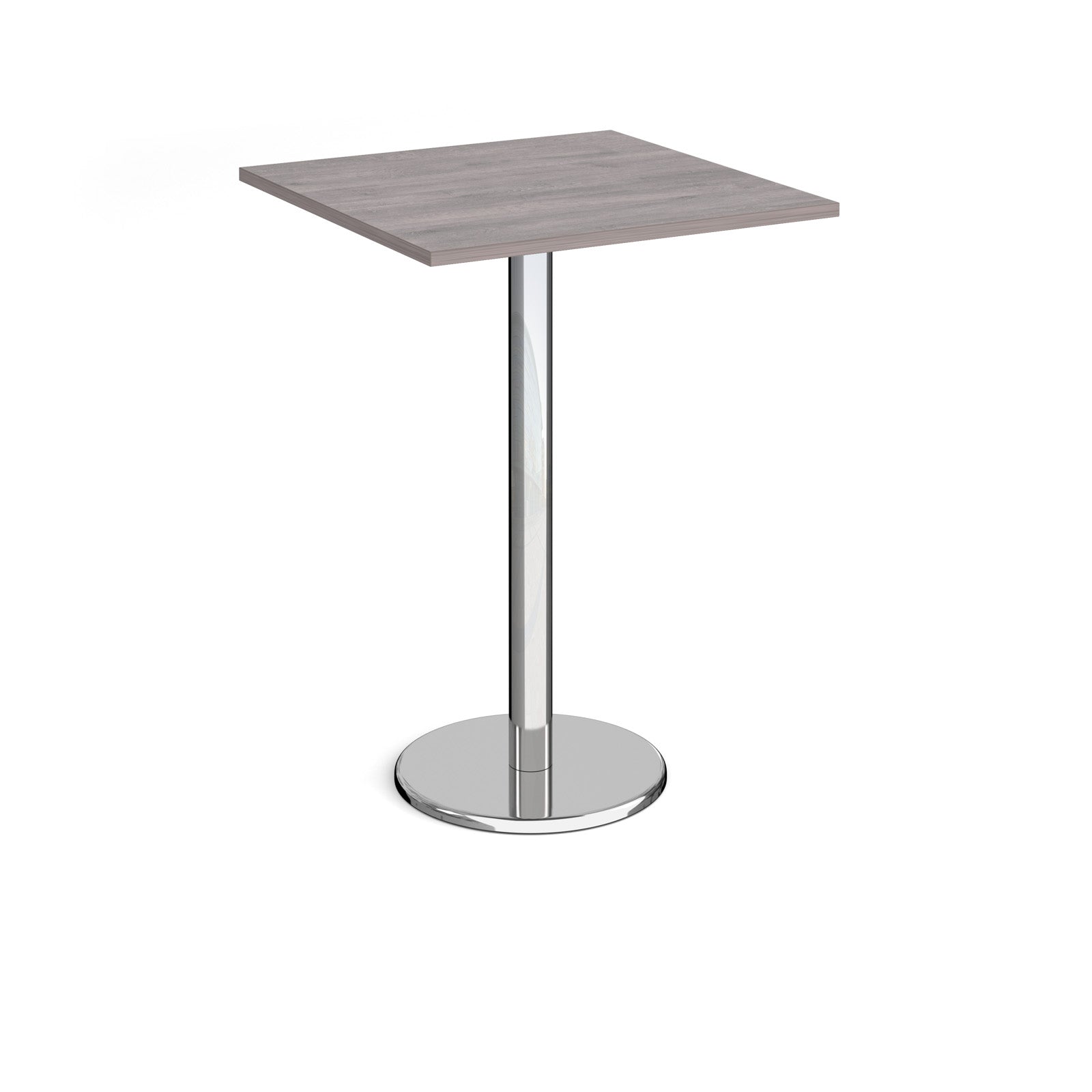 Square poseur table with grey wood-effect top and chrome base on a white background
