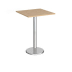 Square poseur table with wood-effect top and chrome base on a white background