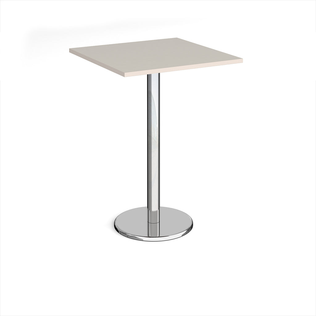 Square poseur table with light grey top and chrome base on a white background