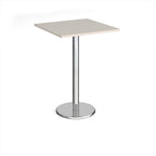 Square poseur table with light grey top and chrome base on a white background