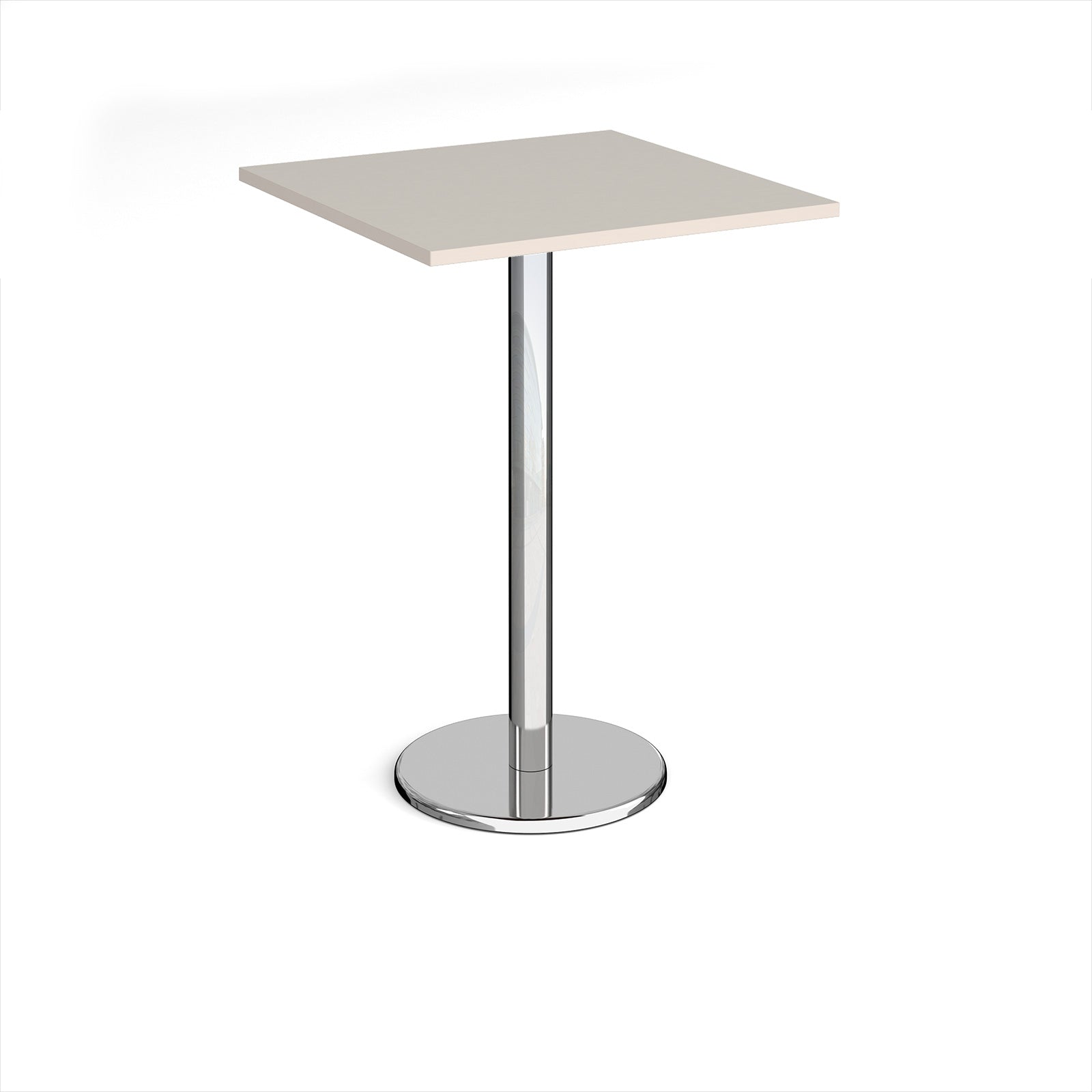 Square poseur table with light grey top and chrome base on a white background