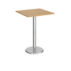Square poseur table with wood-effect top and chrome base on a white background
