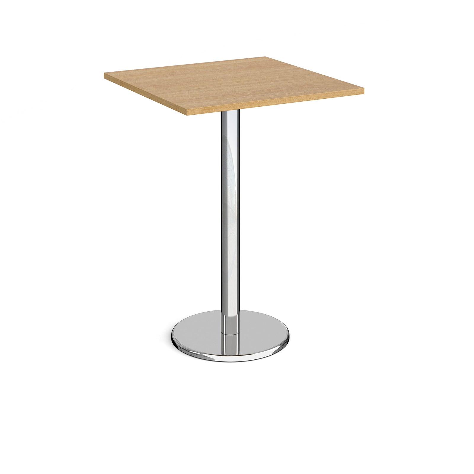 Square poseur table with wood-effect top and chrome base on a white background